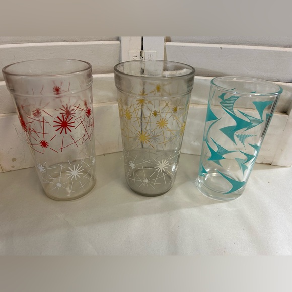 3 Vintage 50s 60s atomic drink glass Starburst Boomerang Teal Red Yellow MCM - Picture 3 of 16